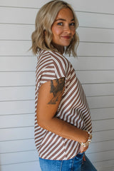 Striped Stand V Neck Short Sleeve Blouse