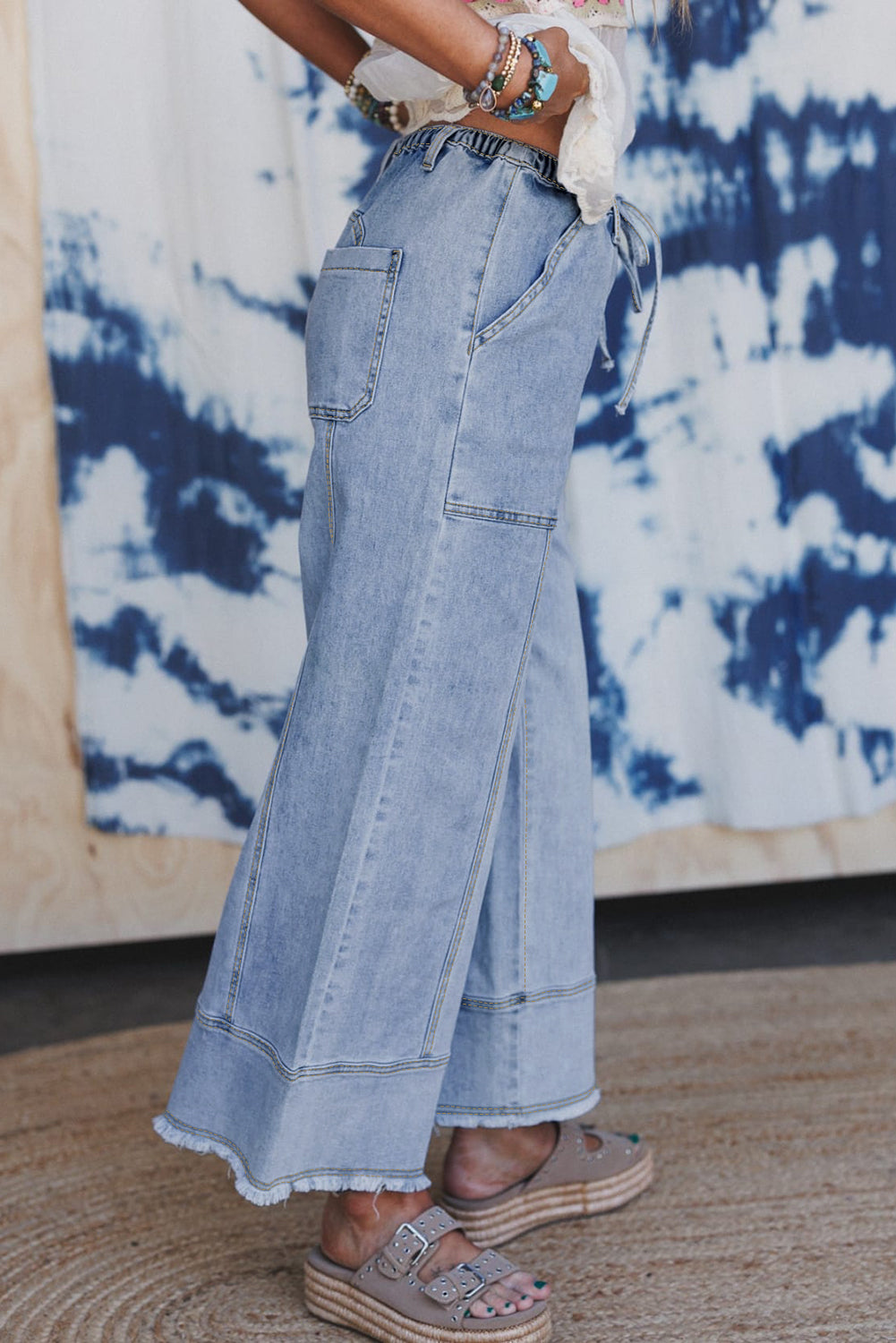Blue Drawstring Seam Detail Raw Hem Wide Leg Denim Pants