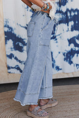 Blue Drawstring Seam Detail Raw Hem Wide Leg Denim Pants