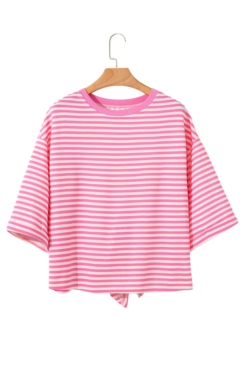 Stripe Bowknot Cutout Back Drop Shoulder Wide Bracelet Sleeve Loose Tee