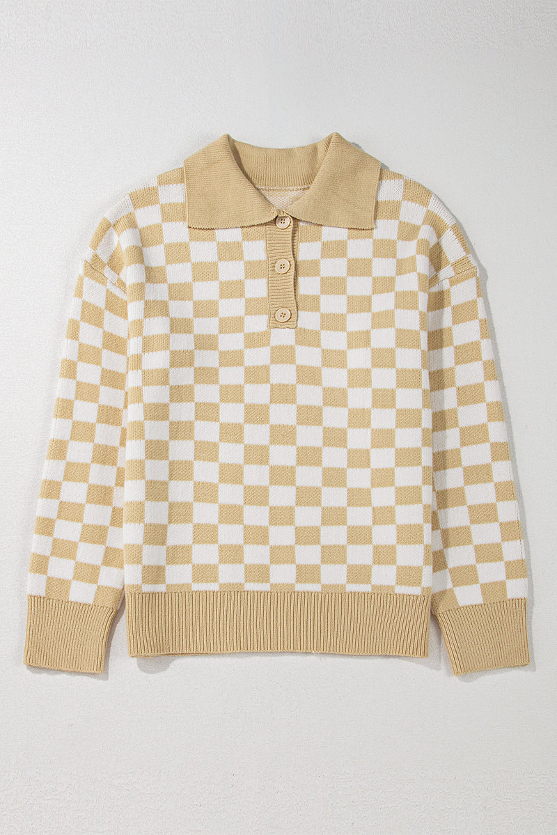 Checkered Buttons Collar V Neck Drop Shoulder Sweater