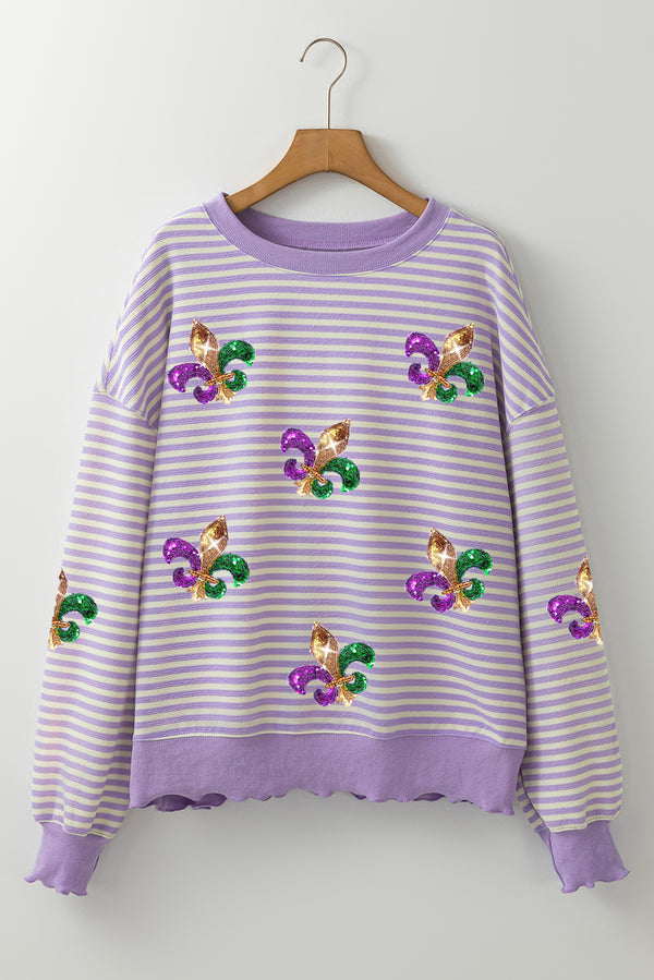 Stripe Sequin Fleur de Lis Patched Pattern Long Sleeve Top