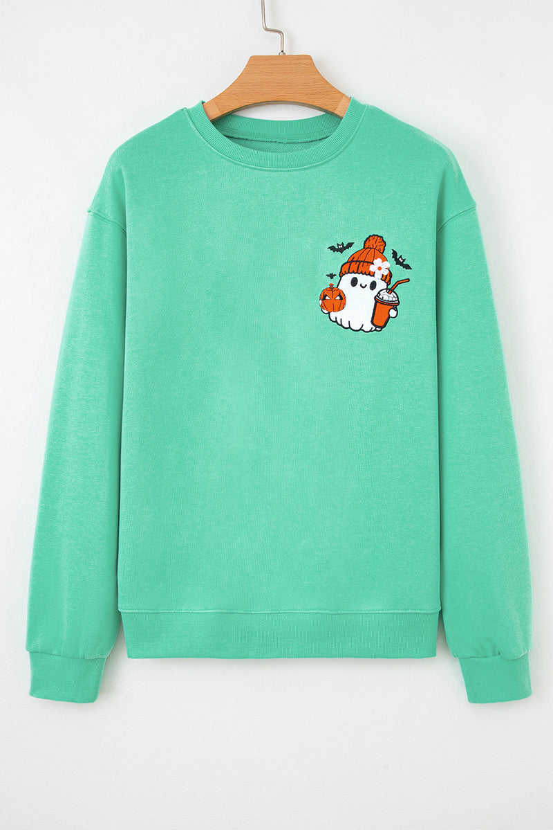 Turquoise Cute Halloween Ghost Embroidered Casual Sweatshirt