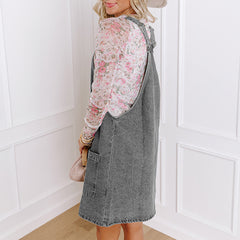 Wide Strap Button Front Pocketed Denim Mini Dress
