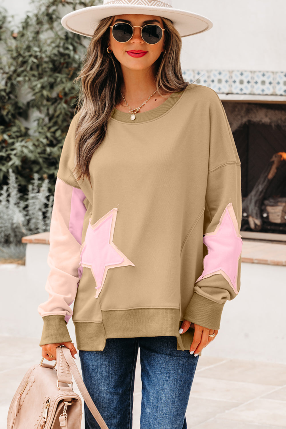 Contrast Star Patchwork Exposed Seam Uneven Hem Drop Shoulder Sweatshirt