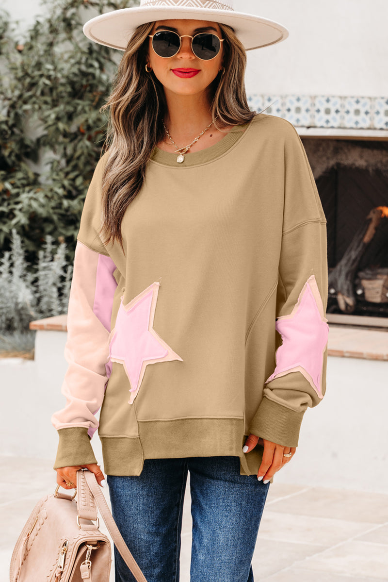 Contrast Star Patchwork Exposed Seam Uneven Hem Drop Shoulder Sweatshirt