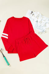 Solid Varsity Striped Sleeve Drop Shoulder Sweatshirt and Short Set