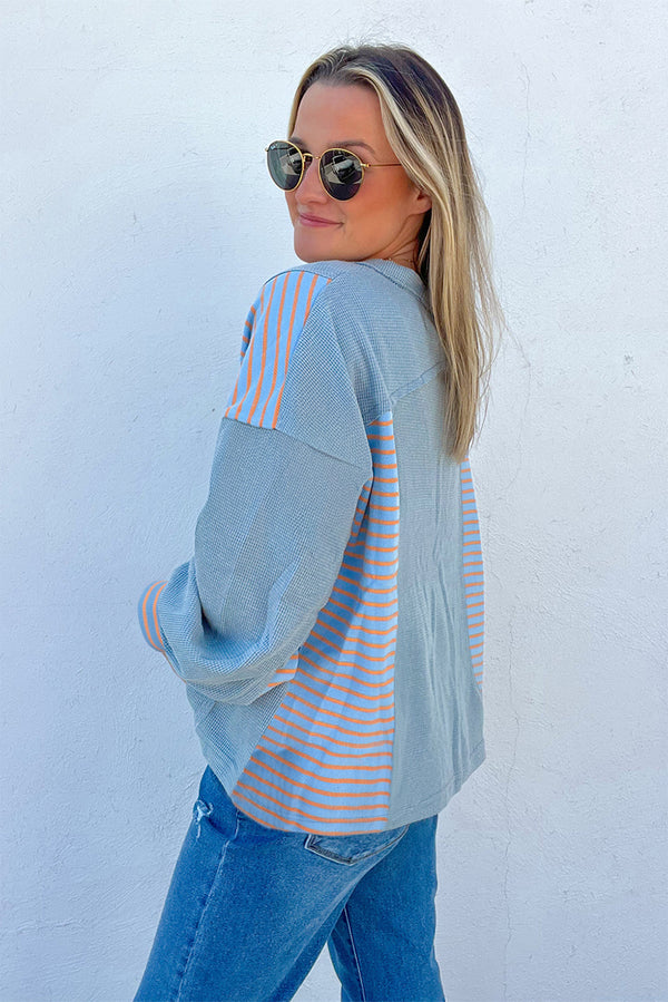 Exposed Seam Waffle Striped Patchwork Baggy Pullover