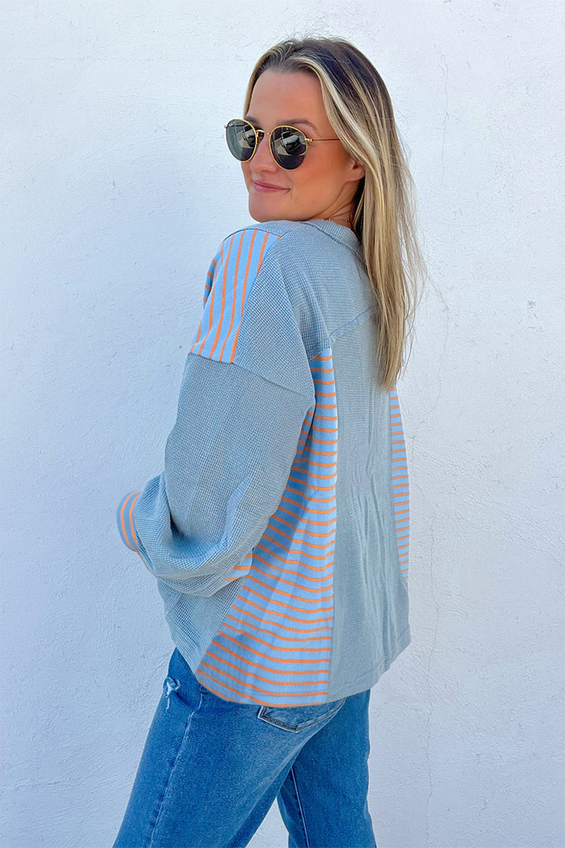 Exposed Seam Waffle Striped Patchwork Baggy Pullover