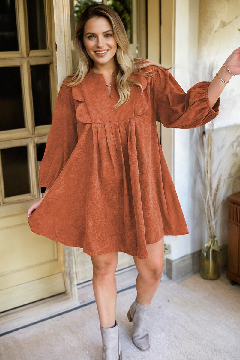 Bracelet Sleeve Split Neck Scallop Detail Pleated Corduroy Mini Dress
