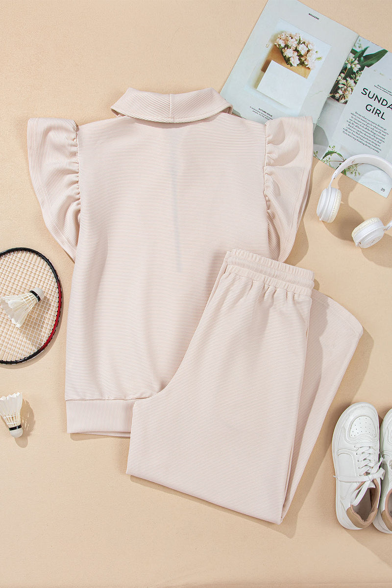 Solid Textured Ruffled Sleeve Zipped Top and Wide Leg Pants Set