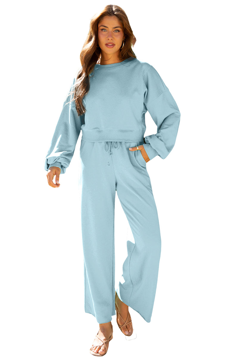 Drop Shoulder Puff Sleeve Crop Pullover Drawstring Wide Leg Pants Set