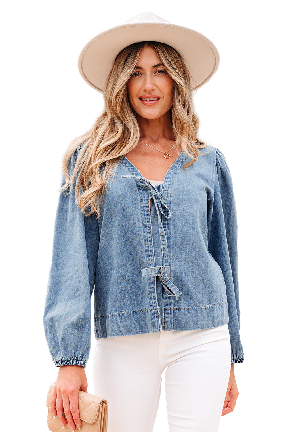 Tied Front Long Puff Sleeve Denim Top