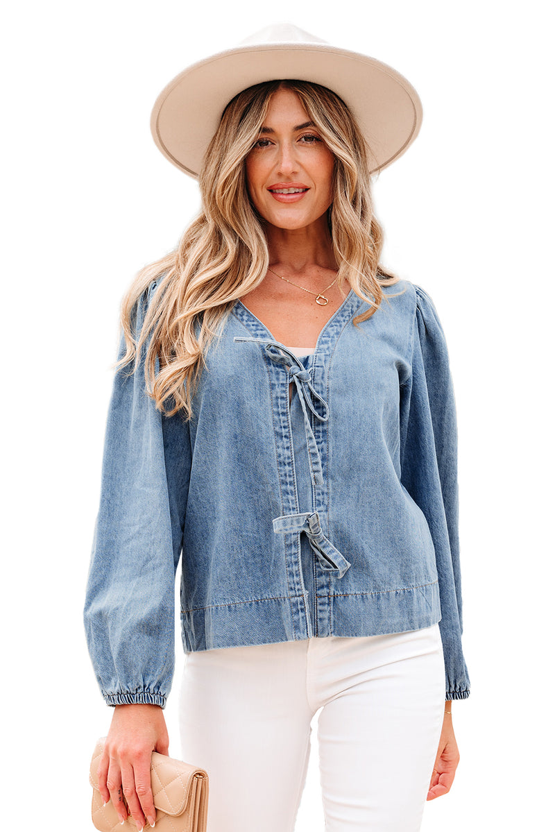 Tied Front Long Puff Sleeve Denim Top