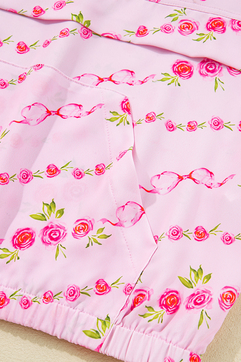 Pink Floral Print Half Zip Kangaroo Pouch Drawstring Hoodie