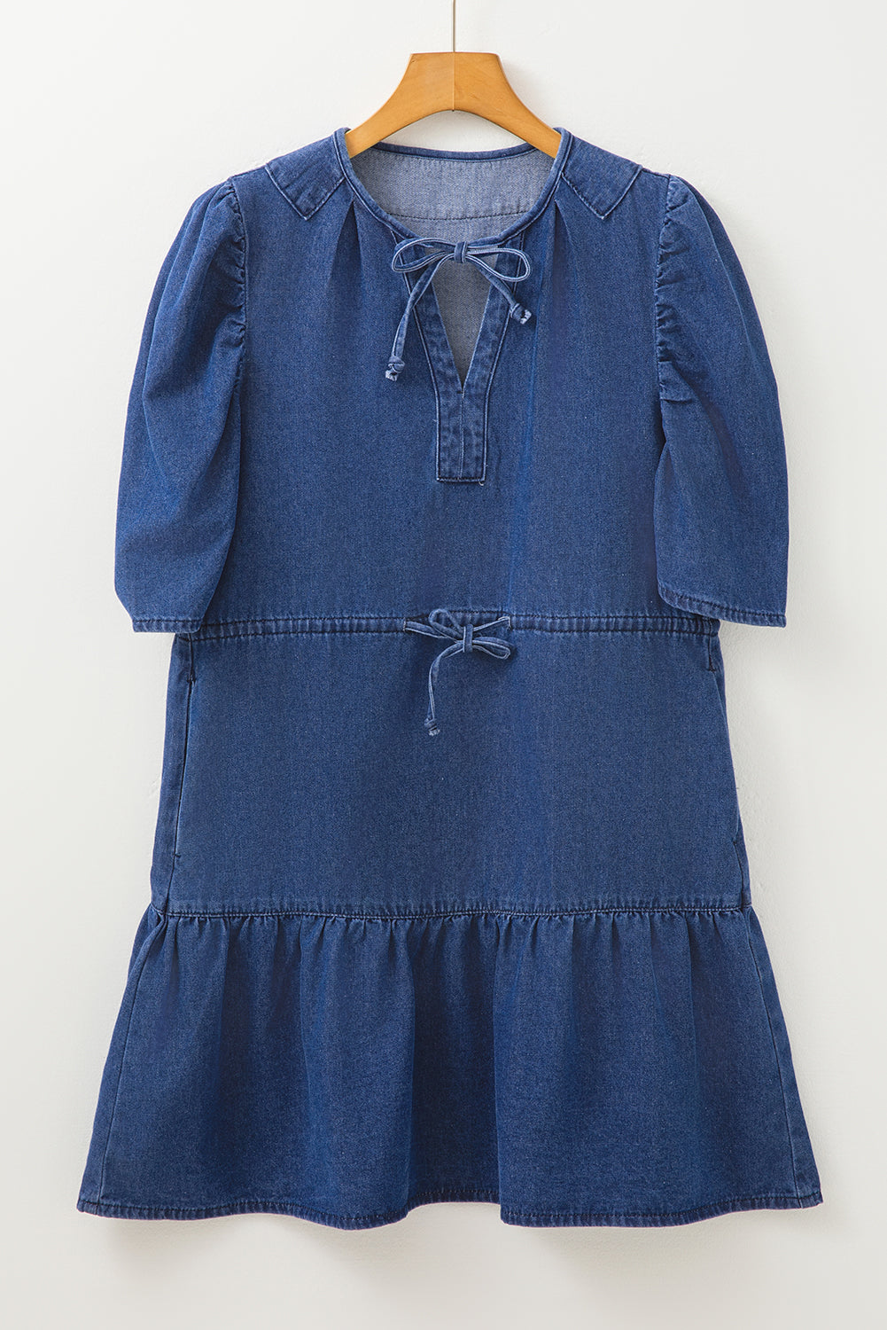 Drawstring High Waist Puff Sleeve Denim Mini Dress