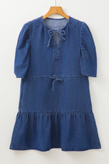 Drawstring High Waist Puff Sleeve Denim Mini Dress