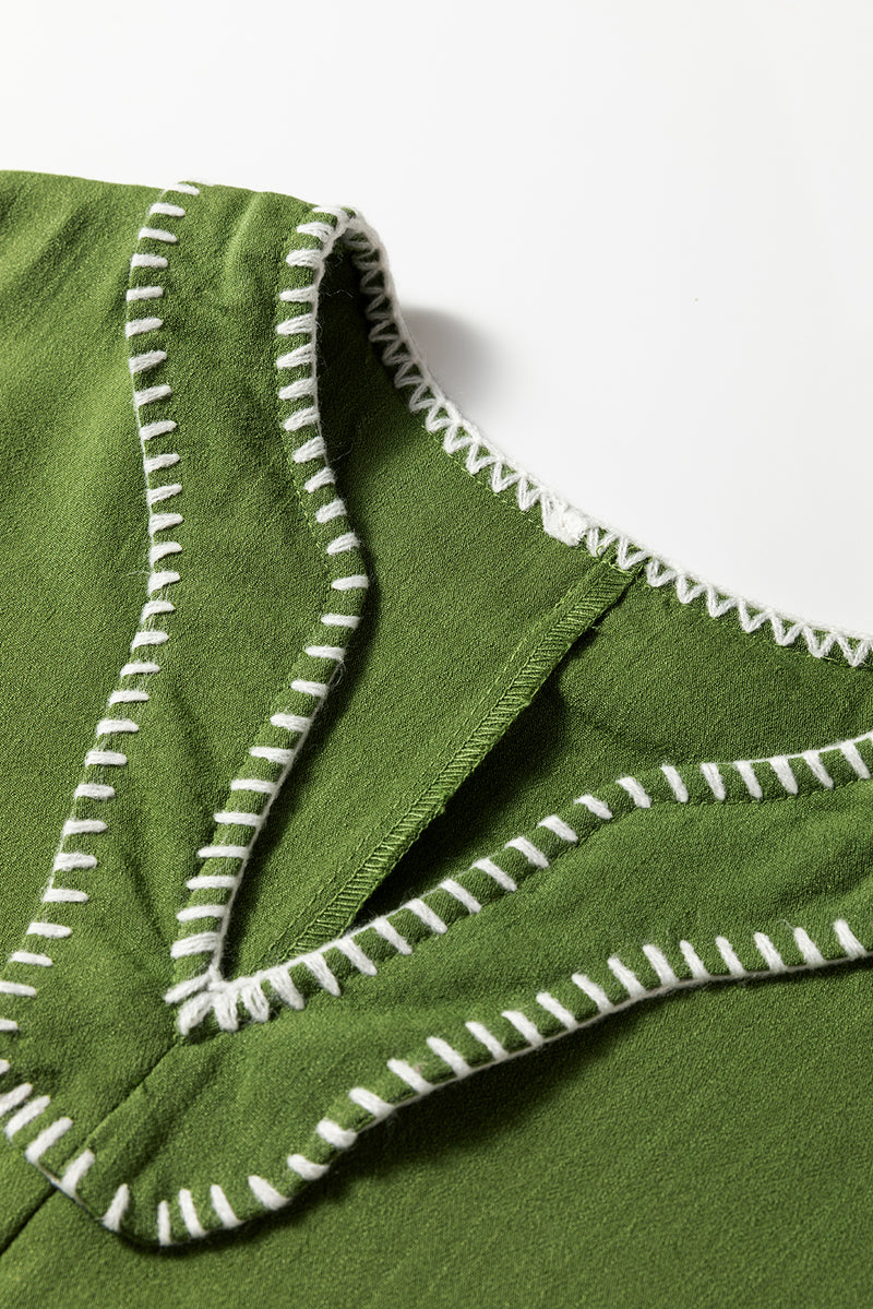 Contrast Stitched V Neck 3/4 Sleeve Tiered Mini Dress