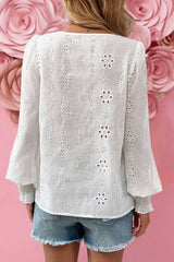 Eyelet Embroidered Smocked Cuff Sheer Blouse