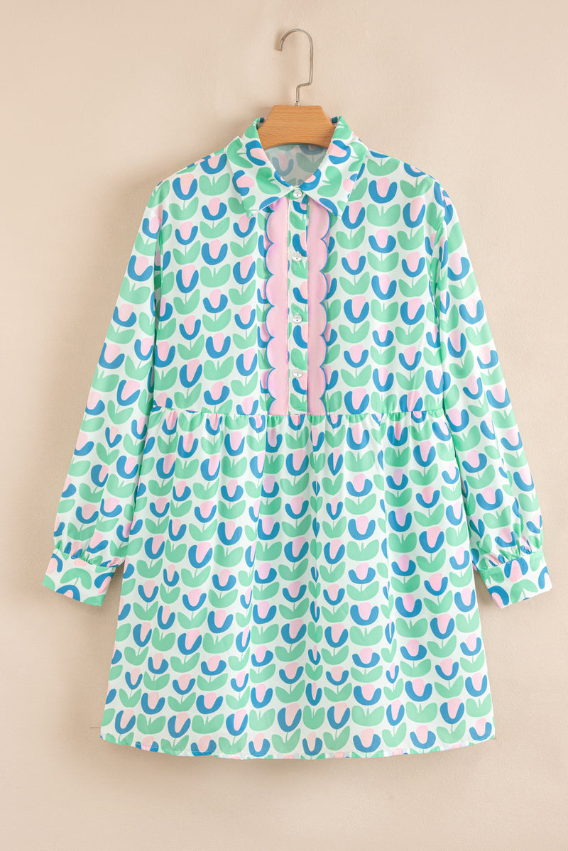 Floral Print Notched Neck Scalloped Detail Long Sleeve Mini Dress