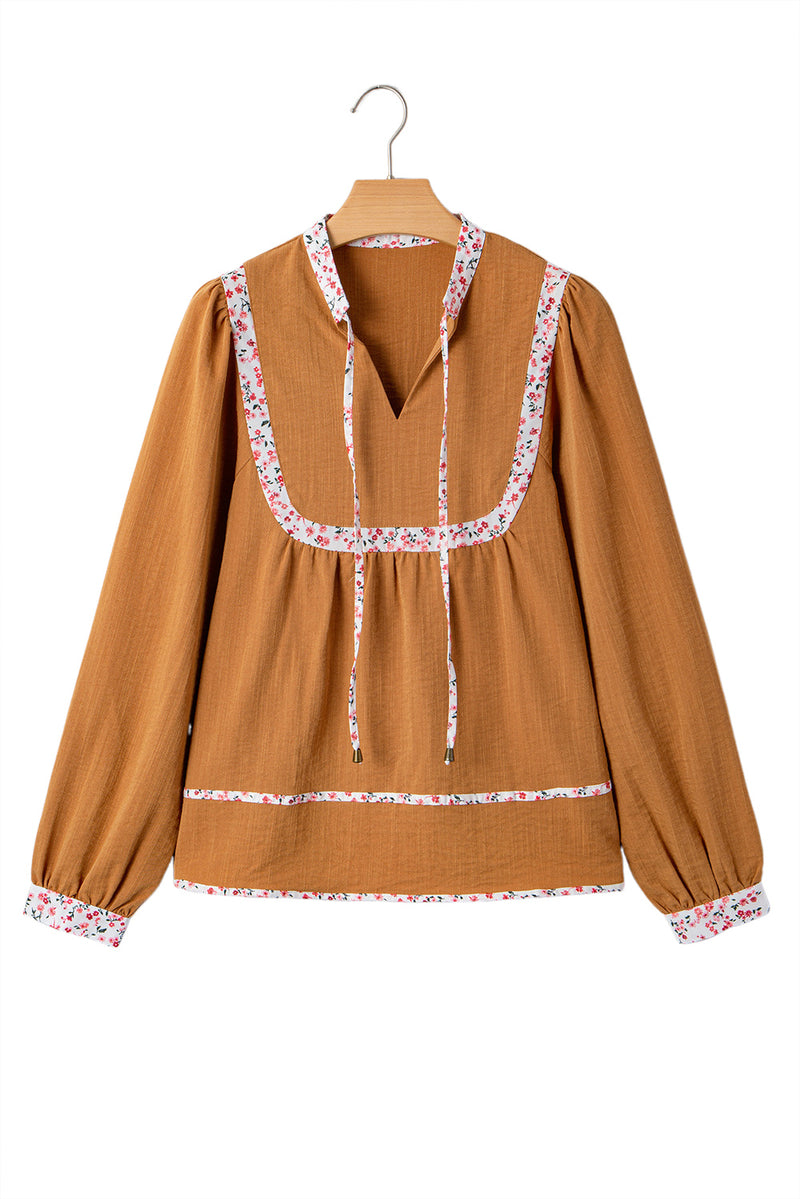 Split Neck Pleated Floral Trim Long Puff Sleeve Blouse