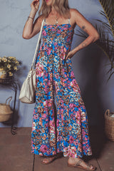Floral Smocked Bust Spaghetti Straps Wide Leg Jumpsuit