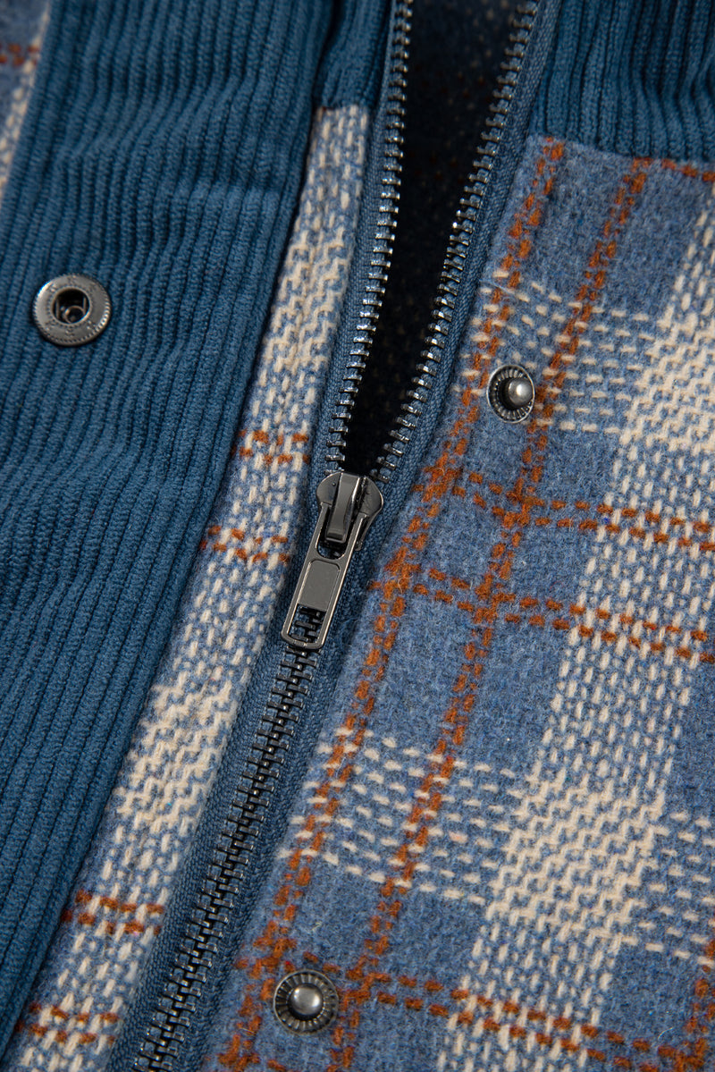Plaid Corduroy Patchwork Collared Zip Up Snap Button Jacket