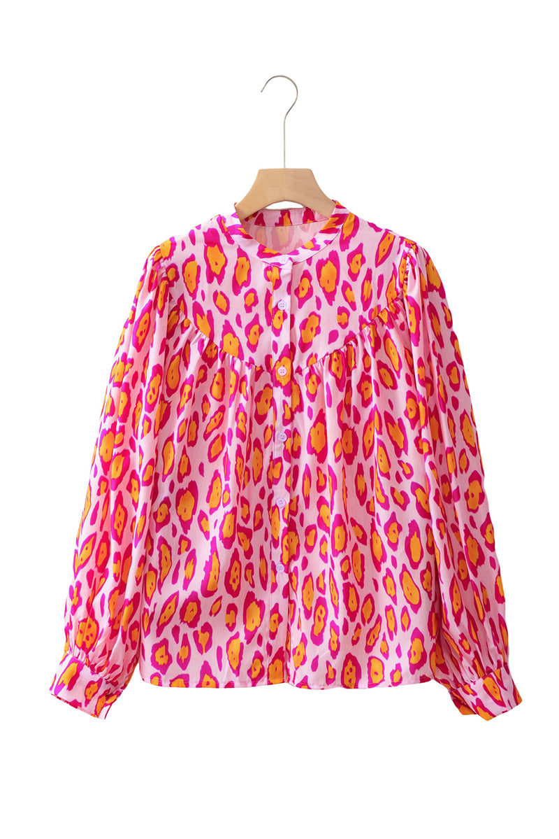 French Oversized Leopard Print Balloon Sleeve Casual Shirt