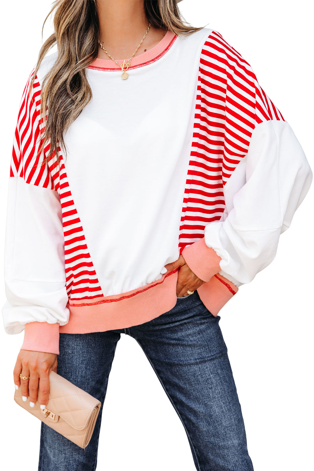Stripe Colorblock Patchwork Contrast Stitching Oversize Sweatshirt