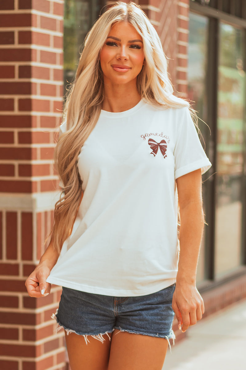 Game Day Bowknot Embroidered Graphic Casual Tee
