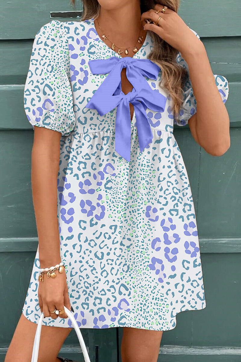 Floral Contrast Bow Puff Sleeve Mini Dress