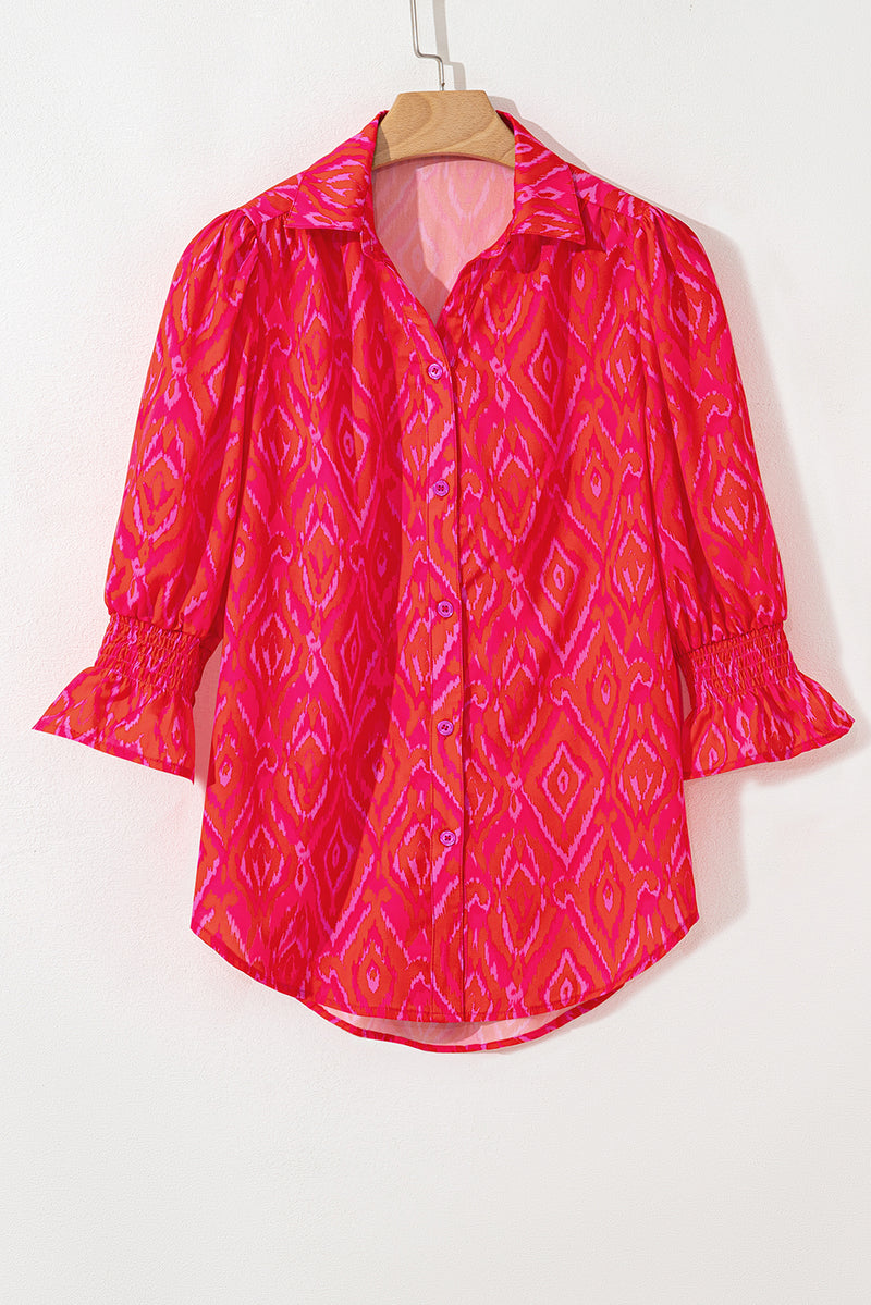 Western Aztec Geometric Ruffled 3/4 Sleeve Shirt