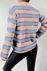 Parchment Stripe Collared V Neck Drop Shoulder Loose Sweater