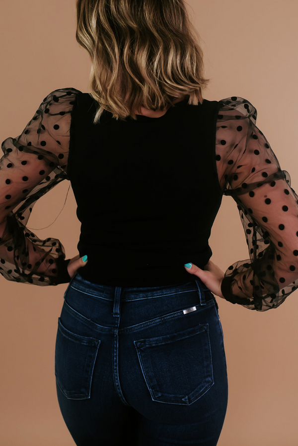 Polka Dot Mesh Puff Sleeve Patchwork Ribbed Square Neck Slim Top