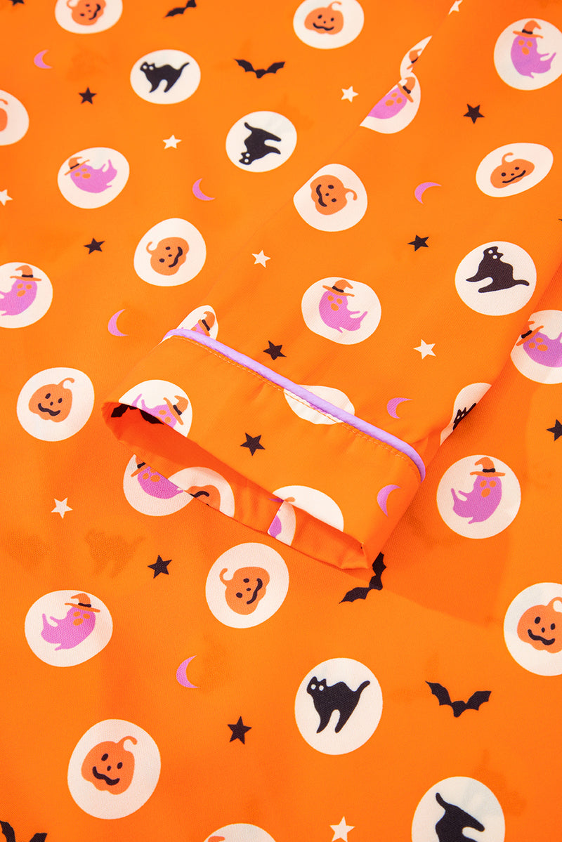 Halloween Print Lapel Shirt Long 2pcs Pajama Set