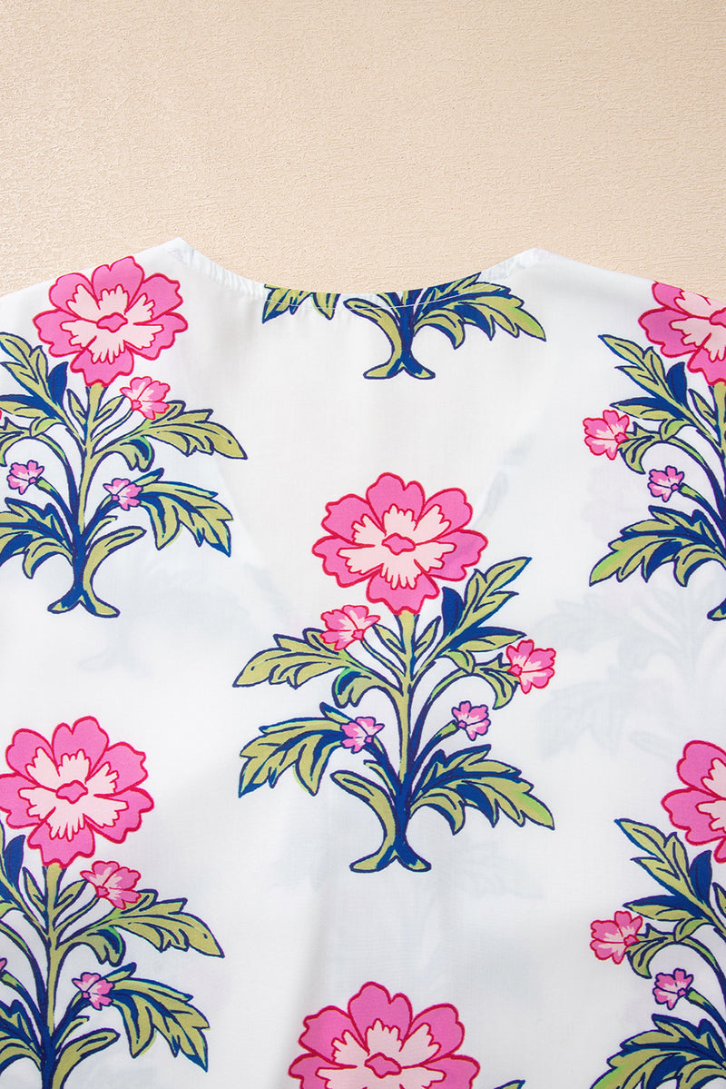 Floral Colorblock Stripe Knot Bubble Sleeve V Neck Blouse