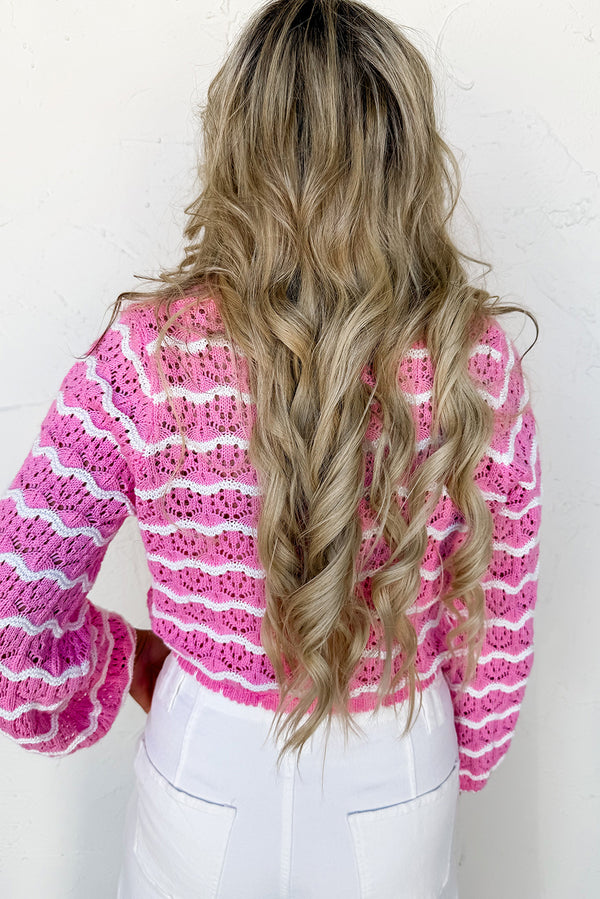 Stripe Crochet Scalloped Trim Lace-up Front Cropped Cardigan