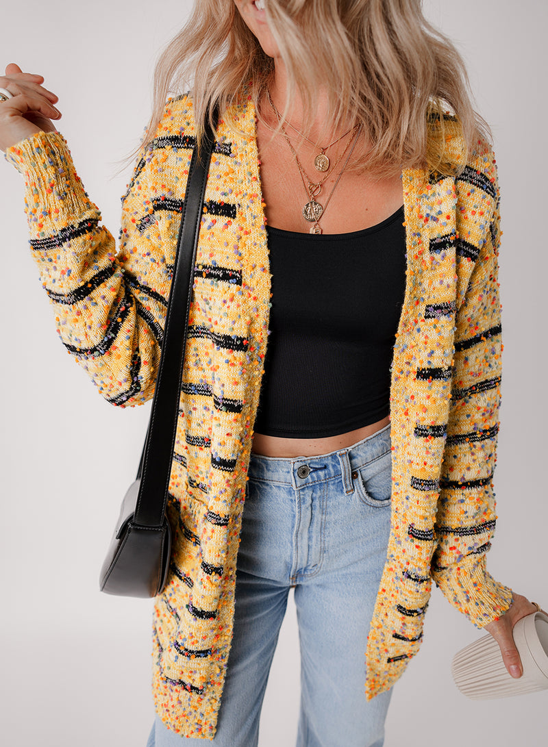 Yellow Striped Pom Pom Knit Open Front Long Cardigan