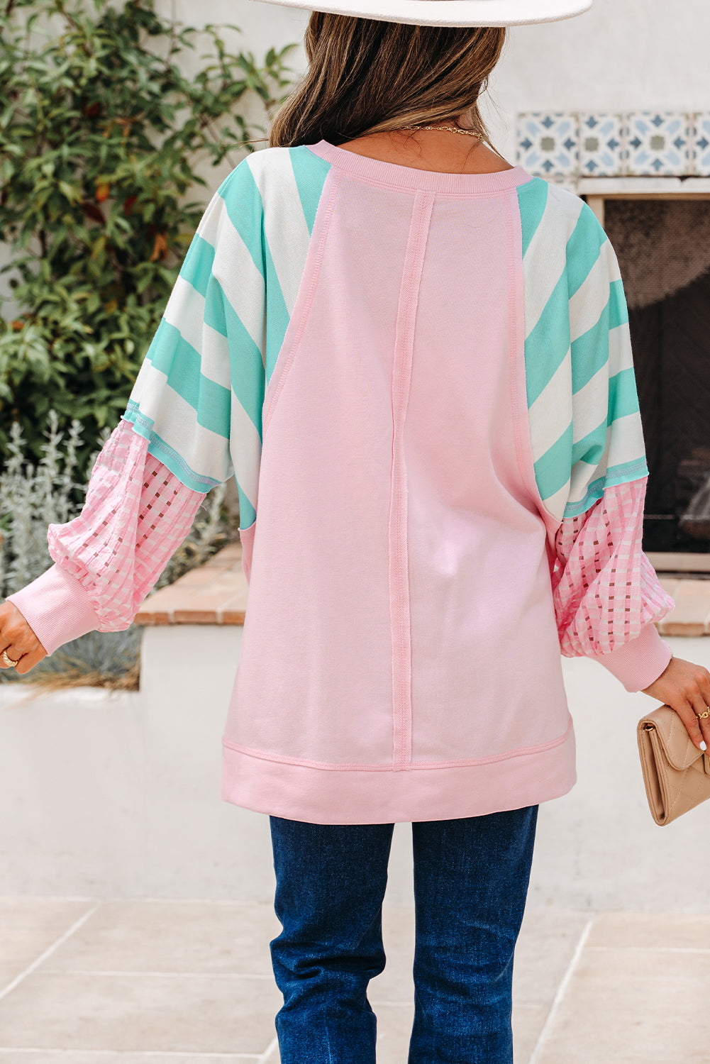 Striped Colorblock Patchwork Raglan Pullover Top with Slits