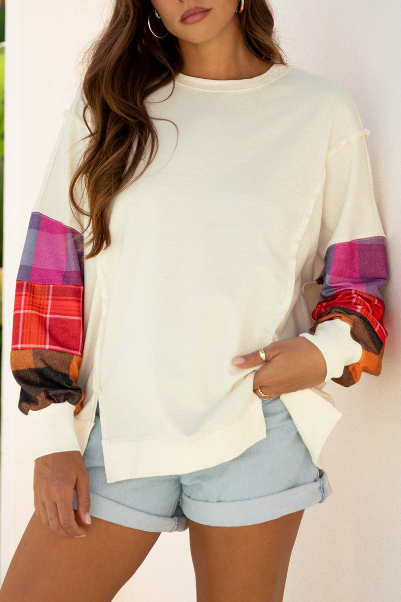 Contrast Plaid Long Sleeve Exposed Seam Patchwork Top