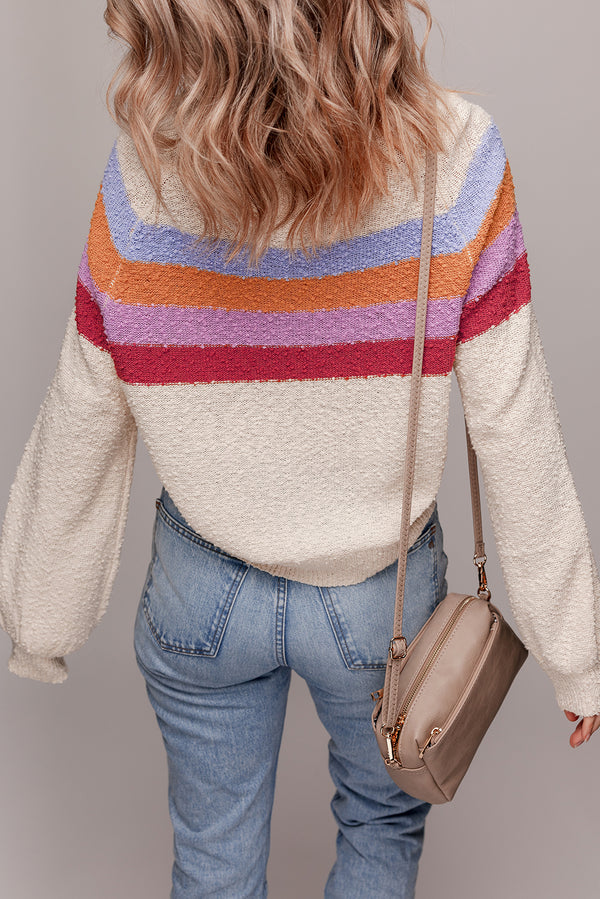 Beige Striped Color Block Loose Sleeve Chic Sweater