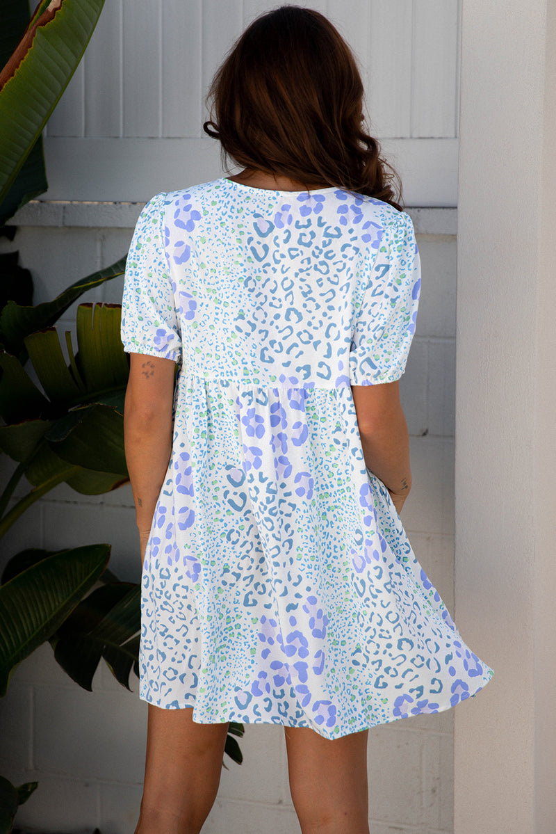 Floral Contrast Bow Puff Sleeve Mini Dress