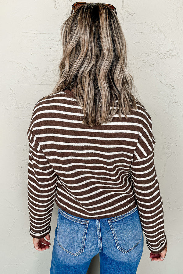 Stripe Ribbed Cropped Crew Neck Long Sleeve T Shirt