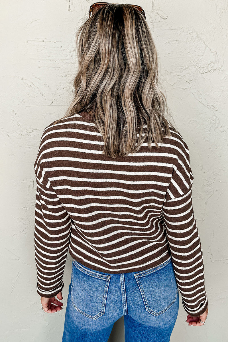 Stripe Ribbed Cropped Crew Neck Long Sleeve T Shirt