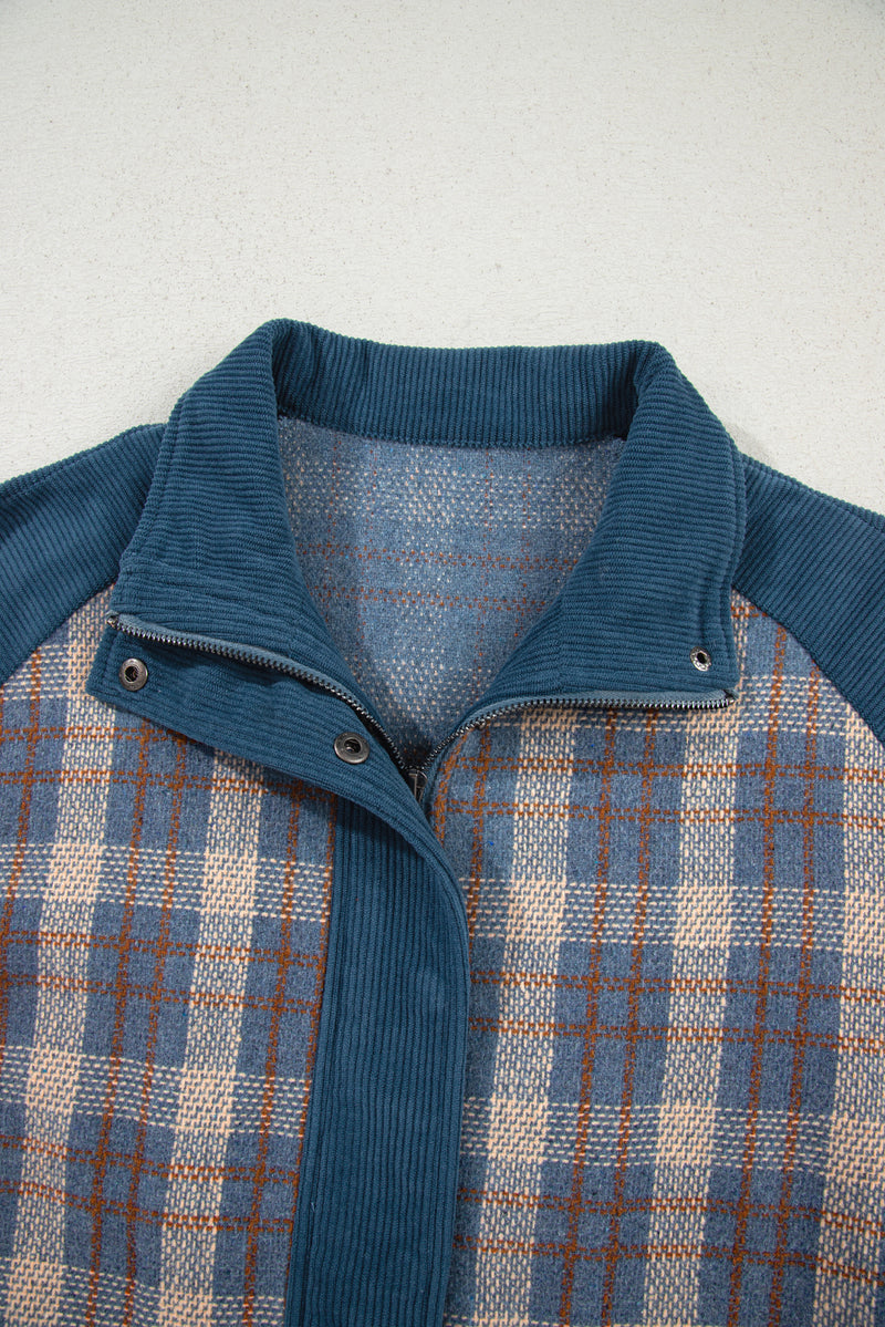Plaid Corduroy Patchwork Collared Zip Up Snap Button Jacket