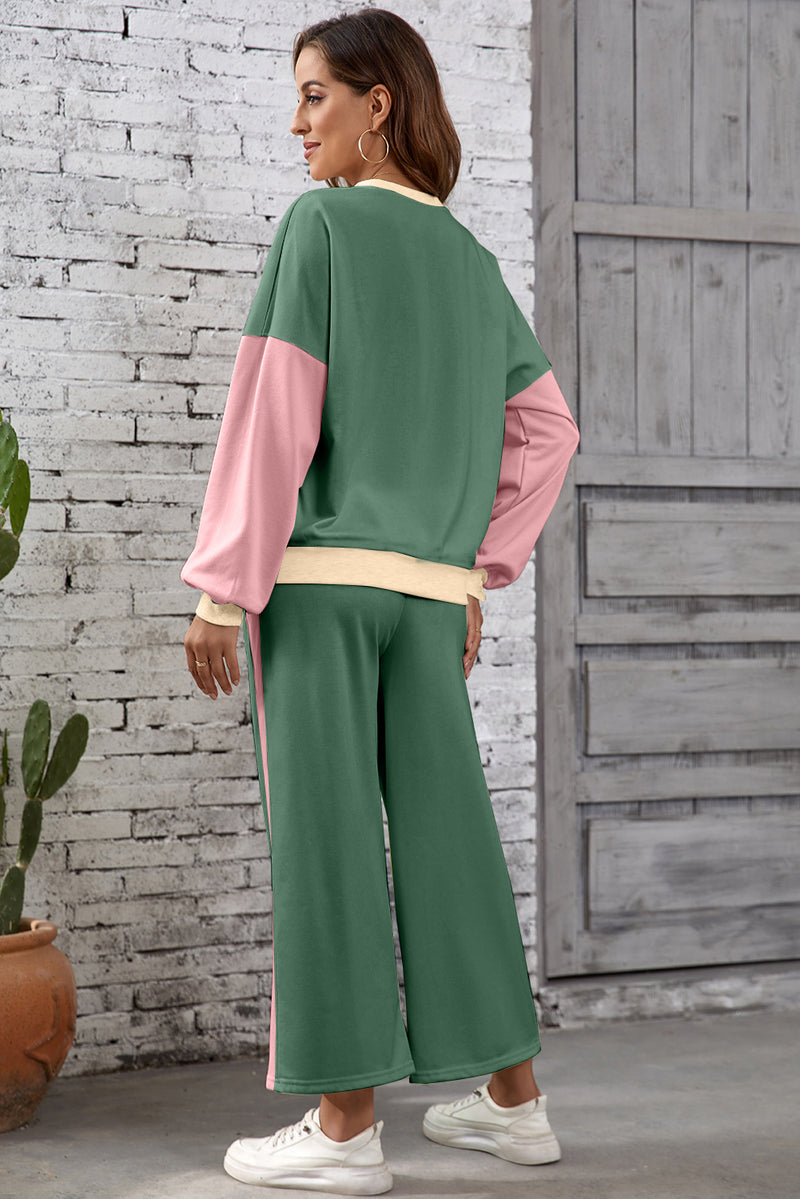 2pcs Color Block Pullover Loose Pant Set