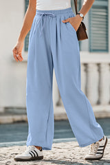 Sky Blue Drawstring Elastic Waistband Pleated Loose Pants