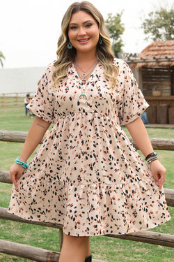 Printed Surplice V Neck Cuffed Sleeve Empire Waist Plus Size Dress