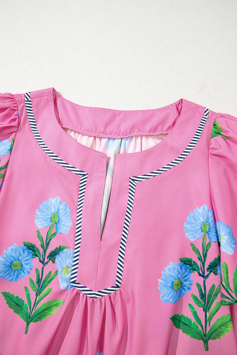 Floral Short Sleeve Split Neck Loose Mini Dress