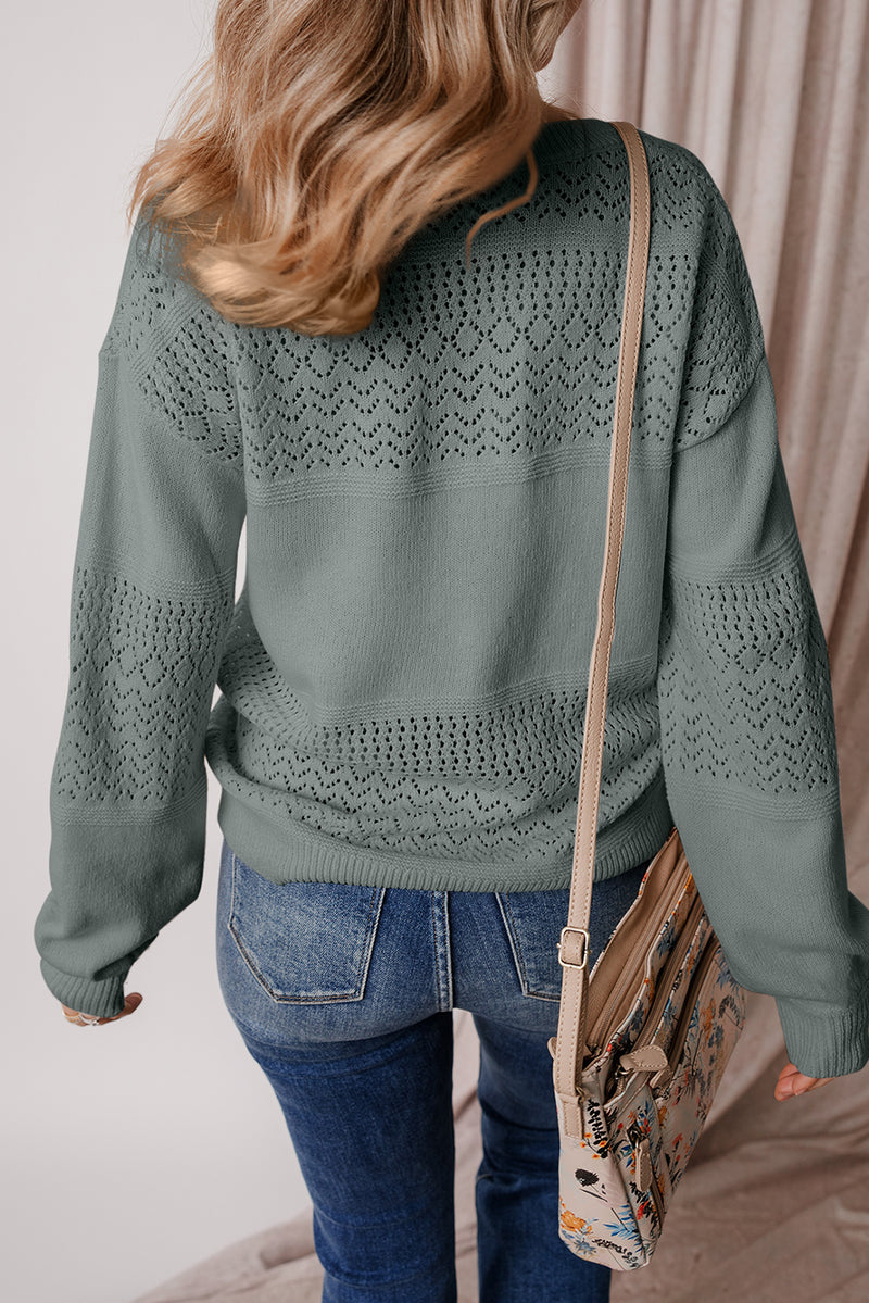 Eyelet Pattern Detail V Neck Drop Shoulder Sweater